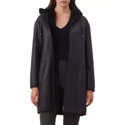 Discount 😍 Gerard Darel Miranda Hooded Leather 🧥 Coat Navy 🌟