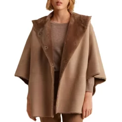 Discount 🌟 Gerard Darel Melissa Hooded Reversible Shearling Cape Sand 🎁