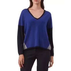 New 🎁 Gerard Darel Leny Color Blocked Cashmere V Neck Sweater Blue 🔥